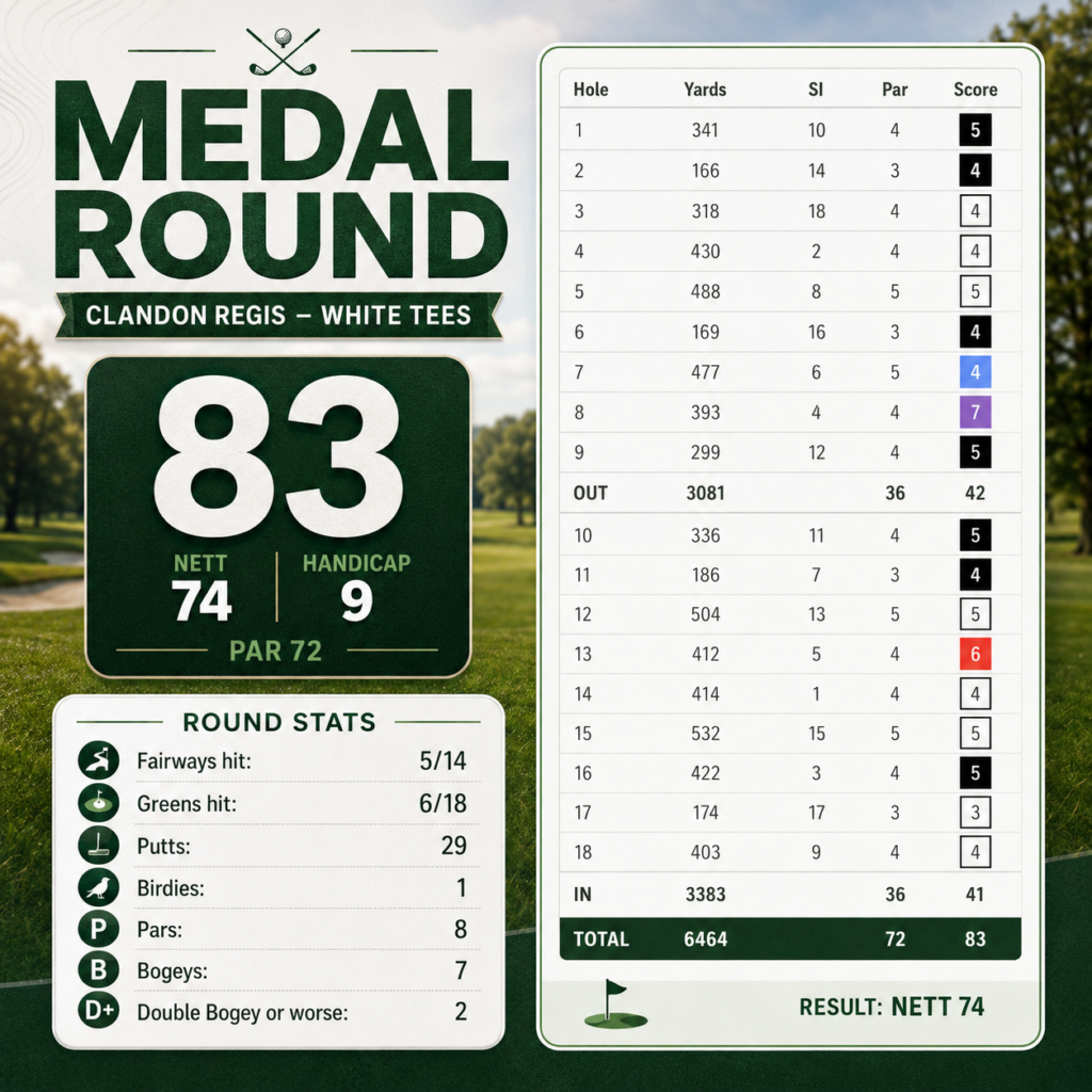 My golf rounds scorecard — Clandon Regis Golf Club, 9 May 2026, gross 83, nett 74


