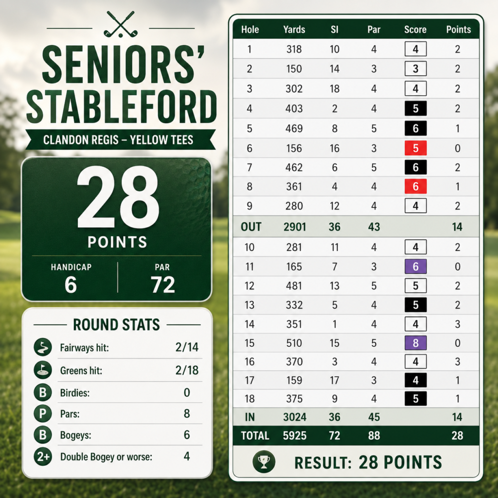 My golf rounds scorecard — Clandon Regis Golf Club, 11 May 2026, 28 points